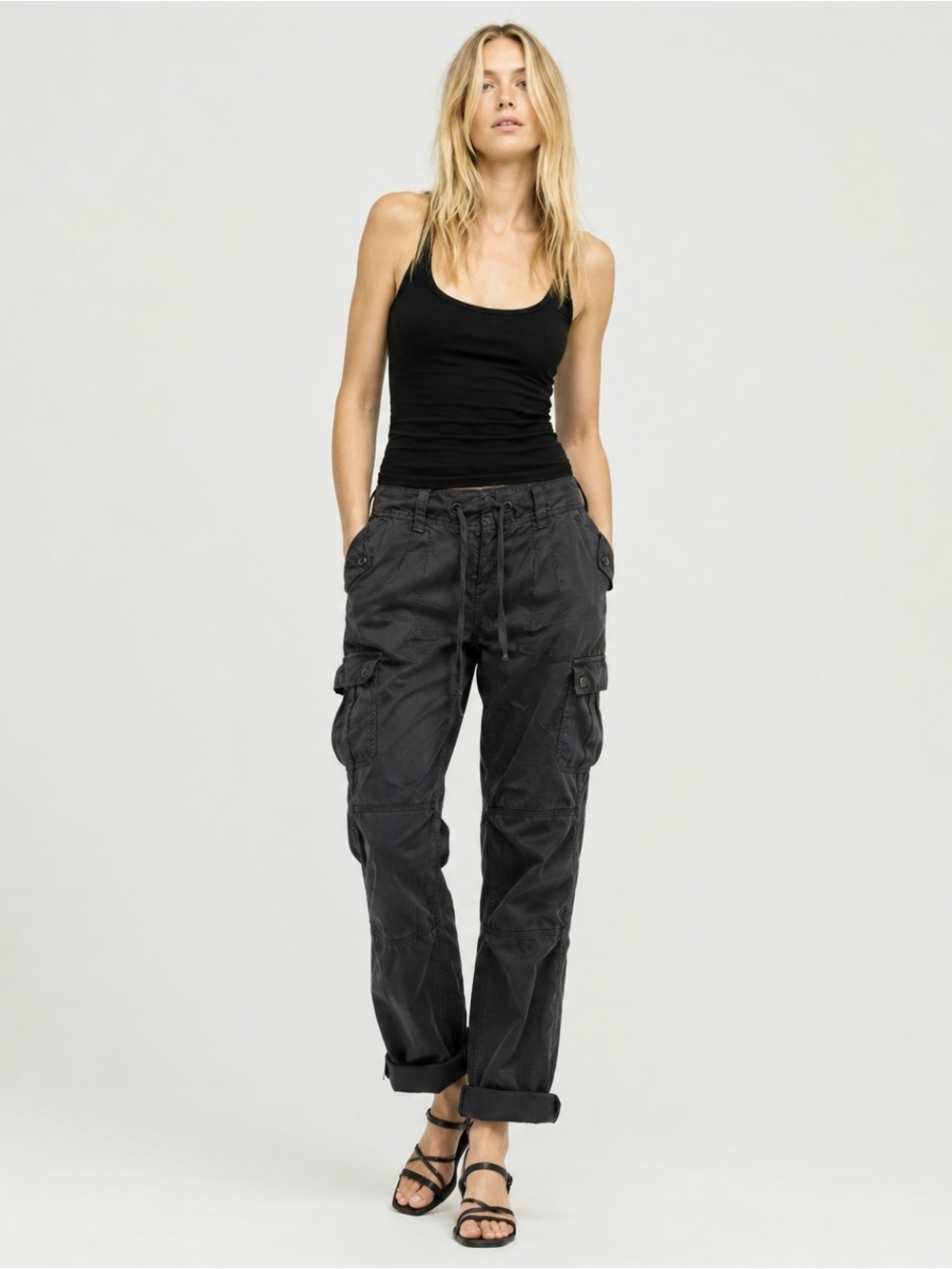 MARCS Tie-Up Satin Cargo Pants with Pockets in Dark Khaki Green